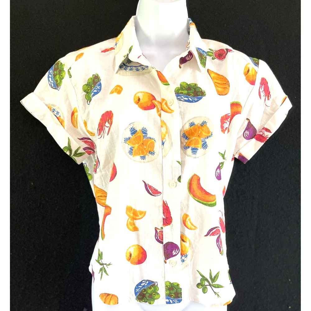 JCrew Tomato Girl Linen Blend Fruit Print Shirt XS Grocery Girl Picnic Coastal